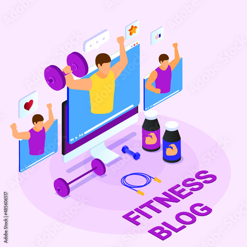 Fitness video blogging isometric 3d vector illustration concept for banner, website, landing page, ads, flyer template