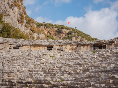 Ruins of ancient Greek-Roman amphitheatre in Myra, old name - Demre, Turkey. Myra is an antique town in Lycia where the small town of Kale is situated today in present day Antalya Province of Turkey.