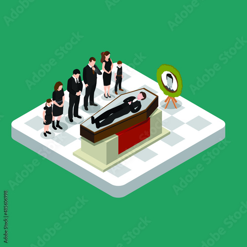 Funeral ceremony indoor isometric 3d vector illustration concept for banner, website, landing page, ads, flyer template
