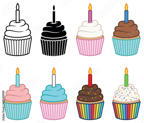 Birthday Cupcake with Candle Clipart Set - Outline, Silhouette and Color