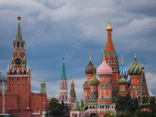 Beautiful view of Red Square with Moscow Kremlin and St. Basil's Cathedral in rainy summer. This is main tourist destination in Moscow. Beautiful panorama of heart of city.
