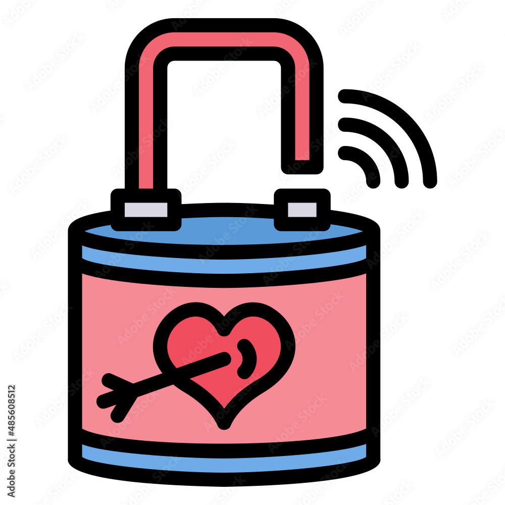 Unclock padlock with key and heart filled line color icon Unclock padlock with key and heart filled line color icon