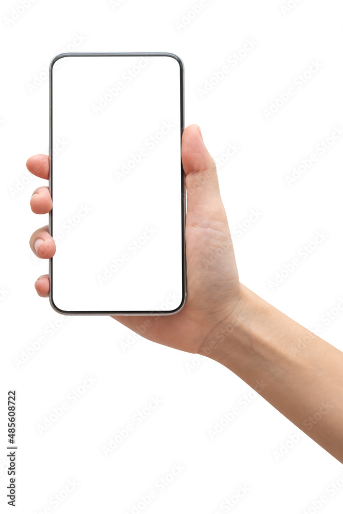 Woman hand hold cell phone isolated on white background. Woman hand hold cell phone isolated on white background.