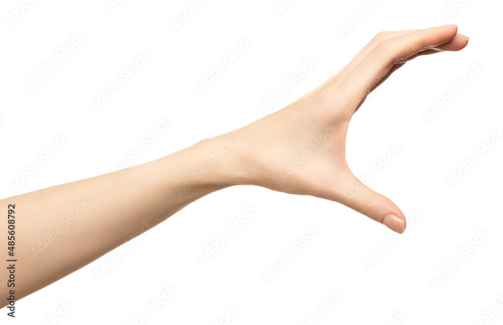 Woman hand grabbing or measuring something isolated on white Woman hand grabbing or measuring something isolated on white