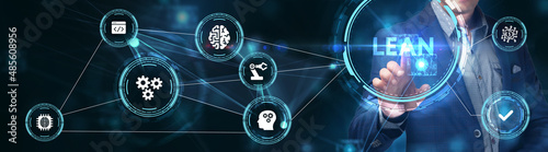 Lean, Six sigma, quality control and manufacturing process management concept on virtual screen.
