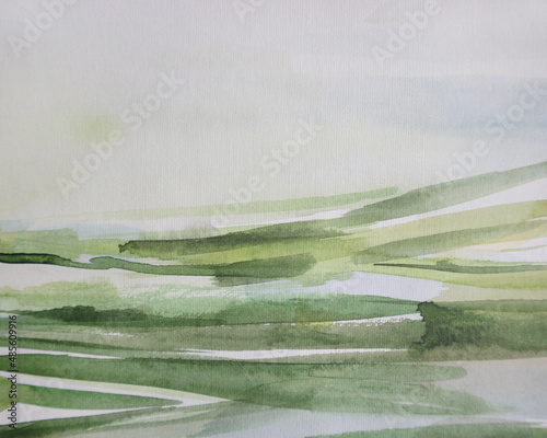Green field wallpaper with space for text. Decorative watercolor effect. Contemporary painting. Brush strokes on paper background. Freshness nature concept.