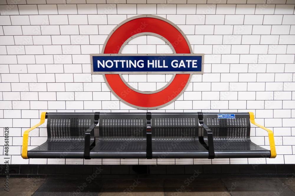 Notting Hill Gate tube station. The identifying roundel sign on the  platform of a Central line London Underground public transport system  station. Photos | Adobe Stock