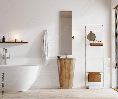 Tableau sur toile Modern bright bathroom interior with wooden furniture, bathtub and sink with mir