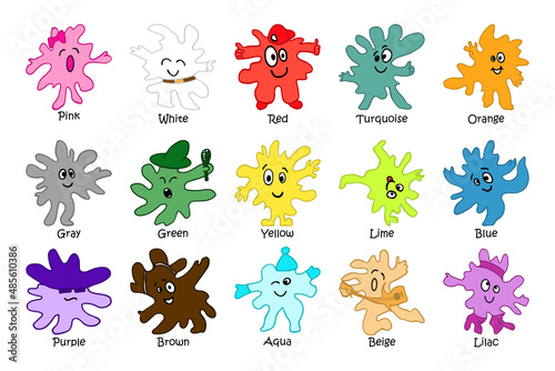 Color ink blobs, splashes of liquid paint with friendly smiling faces in various artistic poses. Mulicolor smudge cartoon avatars.