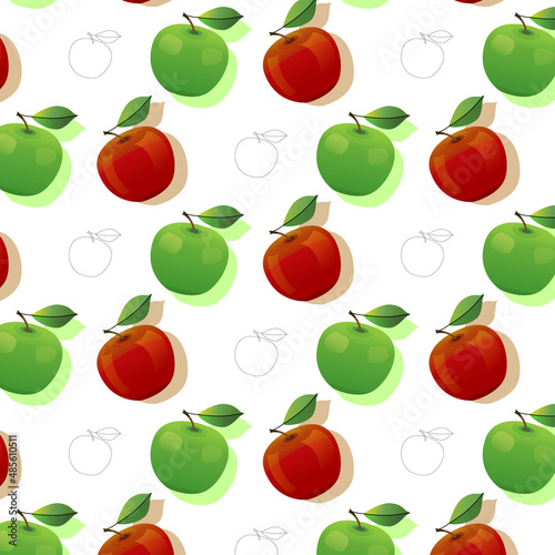 Red and green apples Seamless Vector Pattern. Food. Friuts. Apples Randomly Arranged on White Background. 