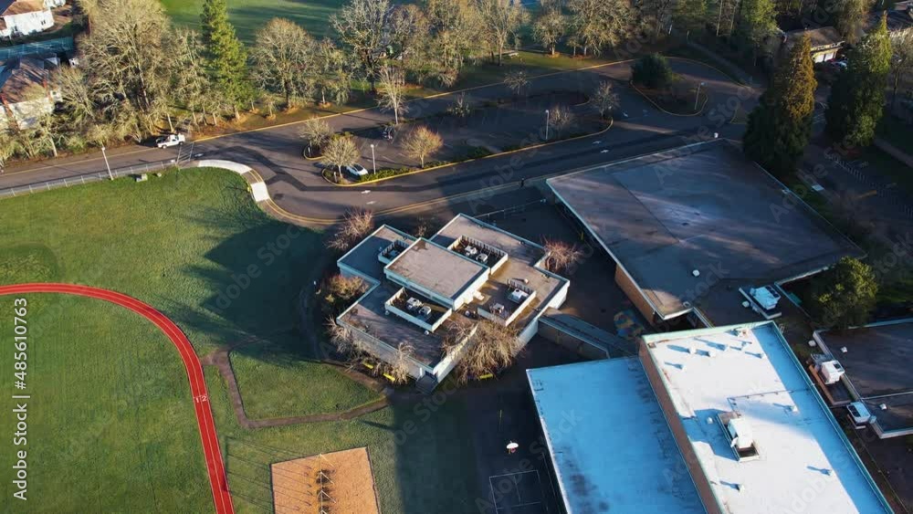 4K aerial drone shot overlooking Pacific Northwest public school. 4K aerial drone shot overlooking Pacific Northwest public school.
