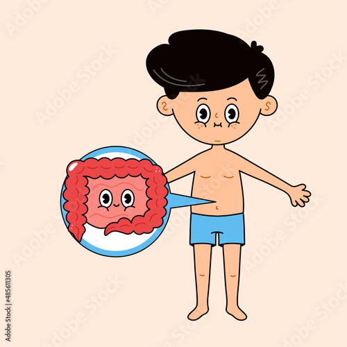 Man with intestines icon in a bubble. Vector hand drawn doodle style traditional cartoon vintage, retro character illustration icon design. Cute boy and intestines mascot character