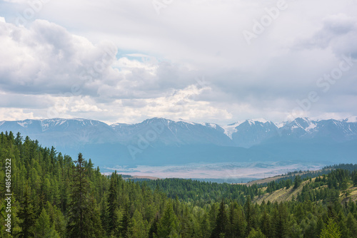 Dramatic mountain landscape with green coniferous forest hills and high snowy mountain range under rainy cloudy sky. Atmospheric aerial view to conifer forest and large snow mountains in overcast. © Daniil