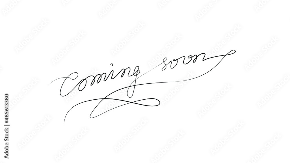 Coming soon, inscription, continuous line drawing, hand lettering, print for clothes, t-shirt, emblem or logo design, one single line on a white background. Isolated vector illustration.
