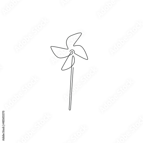 Pinwheel, continuous line drawing, small tattoo, print for clothes and logo design, emblem or logo design, silhouette one single line on a white background, isolated vector illustration.