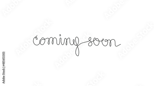 Coming soon, inscription, continuous line drawing, hand lettering, print for clothes, t-shirt, emblem or logo design, one single line on a white background. Isolated vector illustration.