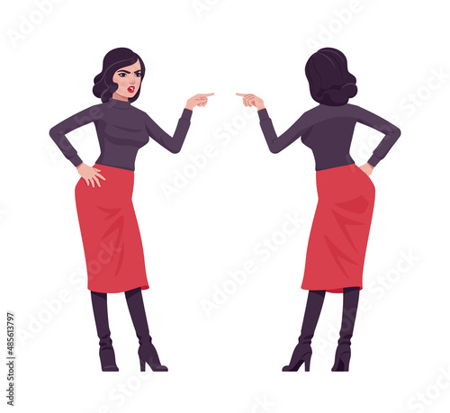 Pretty brunette girl, modern elegant woman scolding. Business lady, slim fit pencil red skirt, black turtleneck. Vector flat style cartoon illustration isolated, white background, front, rear view