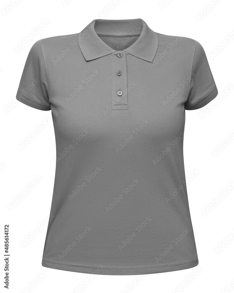 Woman gray polo shirt isolated on white. Mockup female polo t-shirt front view with short sleeve Woman gray polo shirt isolated on white. Mockup female polo t-shirt front view with short sleeve