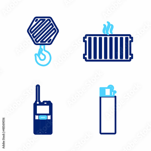 Set line Lighter, Walkie talkie, Heating radiator and Industrial hook icon. Vector