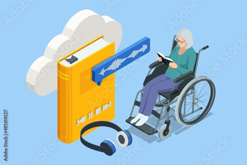 Isometric old woman, pensioner in headphones listening to audiobook. Modern interface for e-books. UI, UX and GUI Screens. Grandmother enjoying literature, learning, listening to books online.
