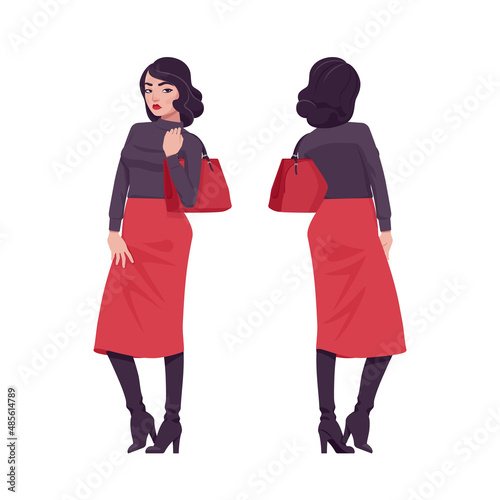 Pretty brunette girl, modern elegant woman posing with handbag. Business lady, slim fit pencil skirt, black turtleneck. Vector flat style cartoon illustration isolated, white background, front, rear