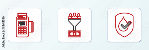 Set line Waterproof, POS terminal and Lead management icon. Vector