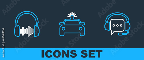 Set line Headphones with speech bubble, and sound waves and Police car flasher icon. Vector