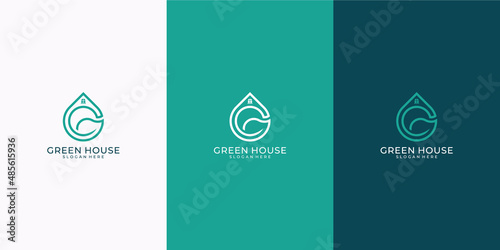 Green house logo real estate template. minimalist outline symbol for environmentally friendly buildings.