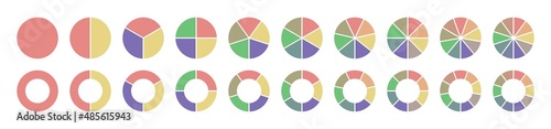 Pie chart set. Round colorful diagram with 2,3,4,5,6,7,8,9,10 sections or steps. Round graphs divided into sectors or pieces. Process cycle icons for infographics. Vector illustration.