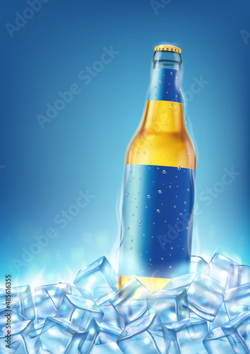 Cold bottle lager beer in ice cubes on blue background. Realistic vector, blank template for design. 