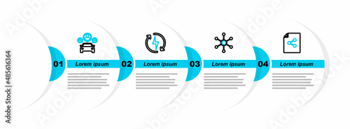 Set line Share file, Network, Recharging and Car sharing icon. Vector