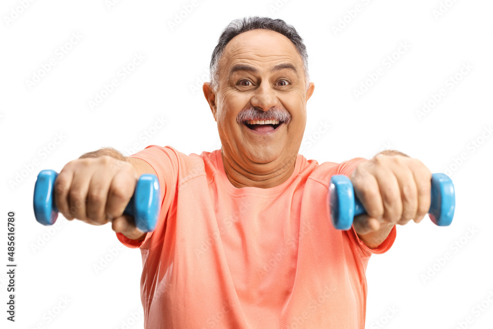 Happy mature man in exercising with dumbbells Happy mature man in exercising with dumbbells