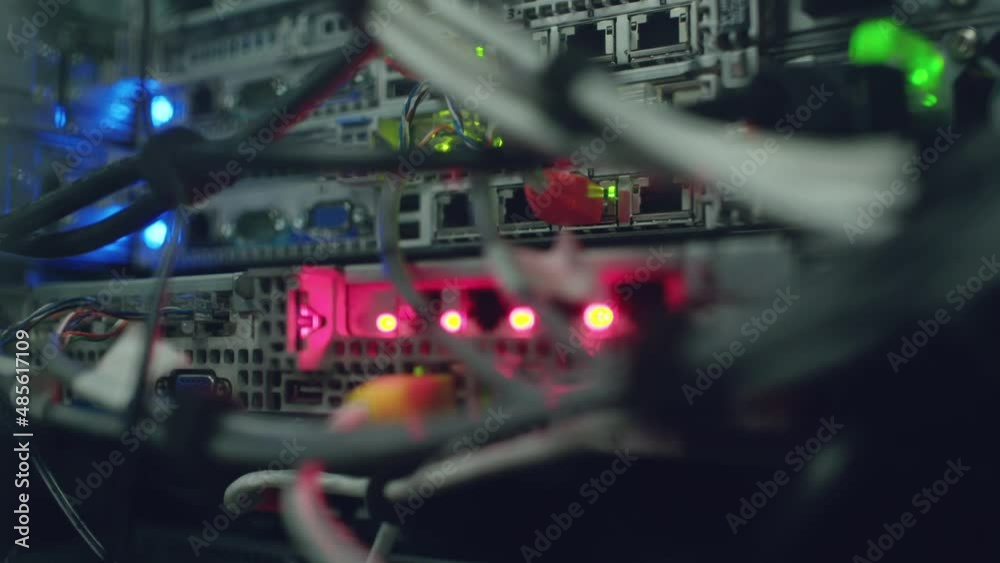 IT servers with blinking red blue and green lights