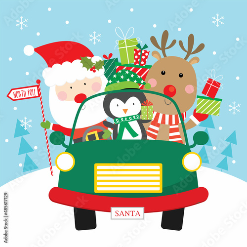 christmas greeting card with santa, penguin and reindeer in car design
