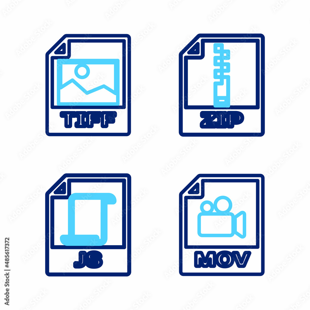 Set line MOV file document, JS, ZIP and TIFF icon. Vector Set line MOV file document, JS, ZIP and TIFF icon. Vector