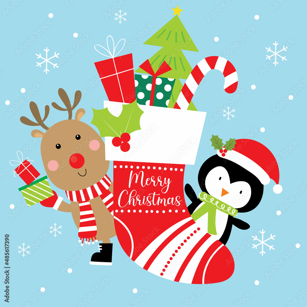 Naklejka premium christmas greeting card with reindeer and penguin design