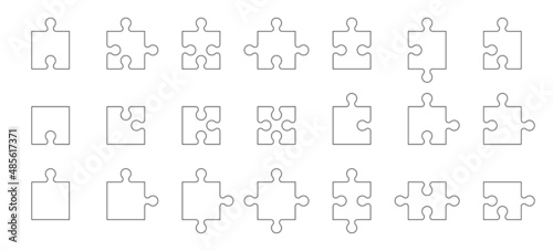 Jigsaw puzzle pieces set. Different shapes puzzle details with various connection points and angles. Vector illustration.