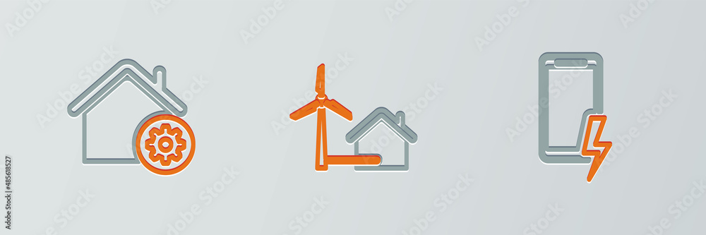 Set line Mobile charging battery, Smart home settings and House with wind turbine icon. Vector Set line Mobile charging battery, Smart home settings and House with wind turbine icon. Vector