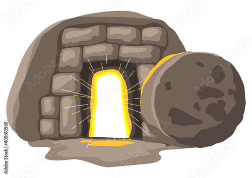 Christian illustration of burial cave. Happy Easter image.