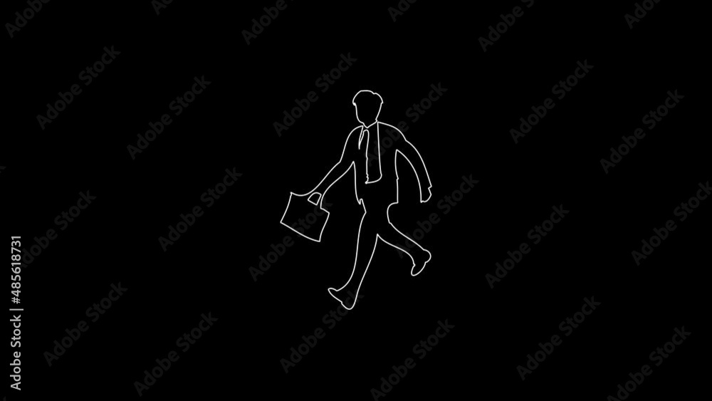 white linear businessman with suitcase silhouette. the picture appears and disappears on a black background. white linear businessman with suitcase silhouette. the picture appears and disappears on a black background.