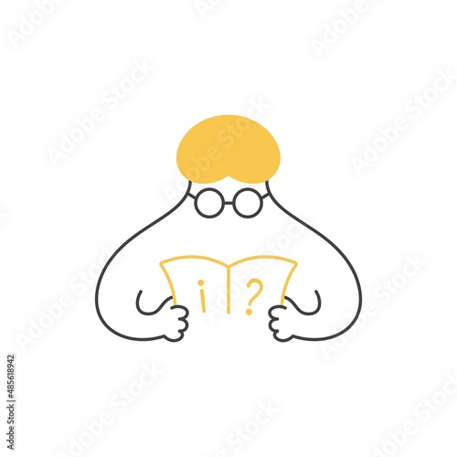 People with glasses reading the book seriously. A book with an i icon, and a question icon. Search for the information, education, learning, knowledge. Cartoon vector illustration line design.
