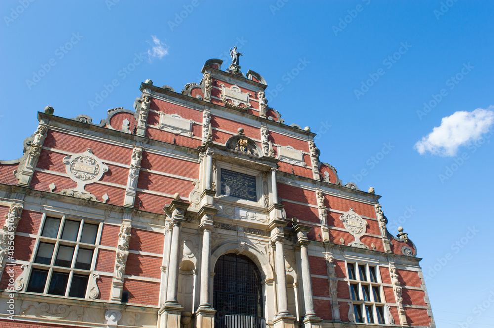 Facade of a historic stock exchange building Borsen from the 17th century in Copenhagen, Denmark
