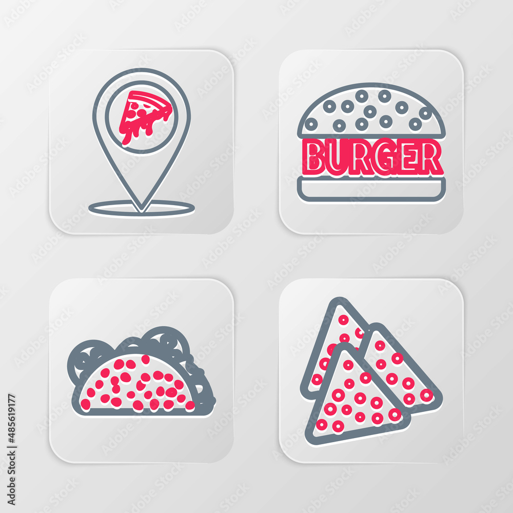 Set line Nachos, Taco with tortilla, Burger and Location slice pizza icon. Vector Set line Nachos, Taco with tortilla, Burger and Location slice pizza icon. Vector