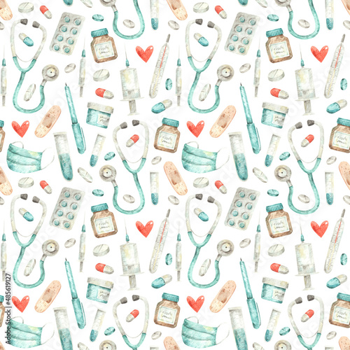 Watercolor pattern with medical items. Hand-drawn seamless texture with illustrations of stethoscope, pills, syringes, thermometer, test tubes
