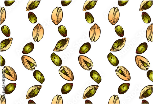 Sketch hand drawn pattern of colorful pistachios nuts isolated on white background. Engraving drawing nut wallpaper. Organic vegan food packaging. Vector illustration.
