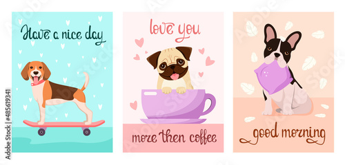 A set of postcards with funny dogs. Cartoon design. 