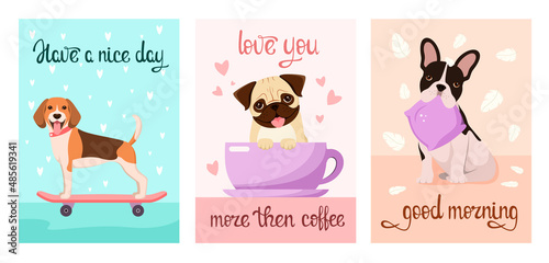 A set of postcards with funny dogs. Cartoon design.
