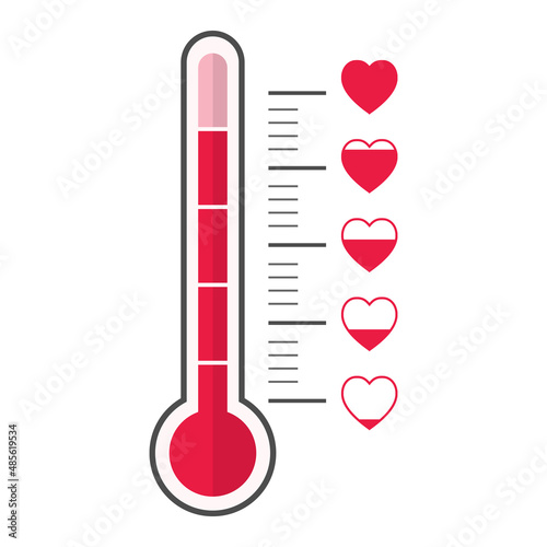 thermometer emotional scale love heart icon. level meter indicator love in Valentine day. vector illustration in flat style modern design.