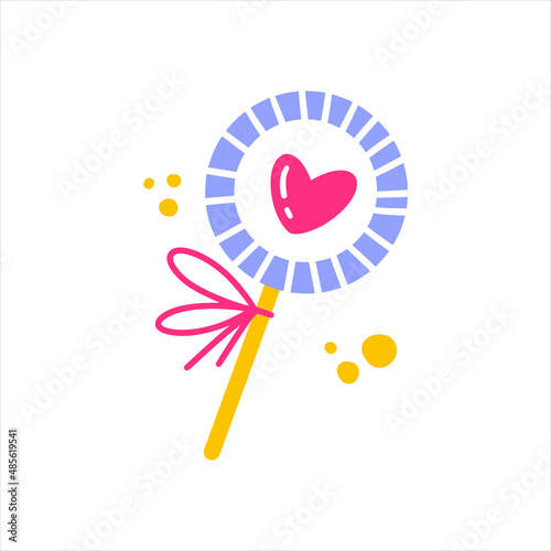 An icon of cute lollipop with heart stamp. Hand drawn vector illustration for valentine cards, gifts and souvenirs.