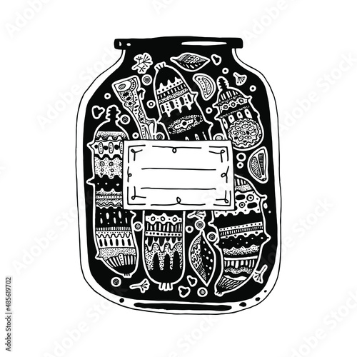 Decorative graphic illustration of a jar with canned cucumbers, horseradish root, garlic, spices.